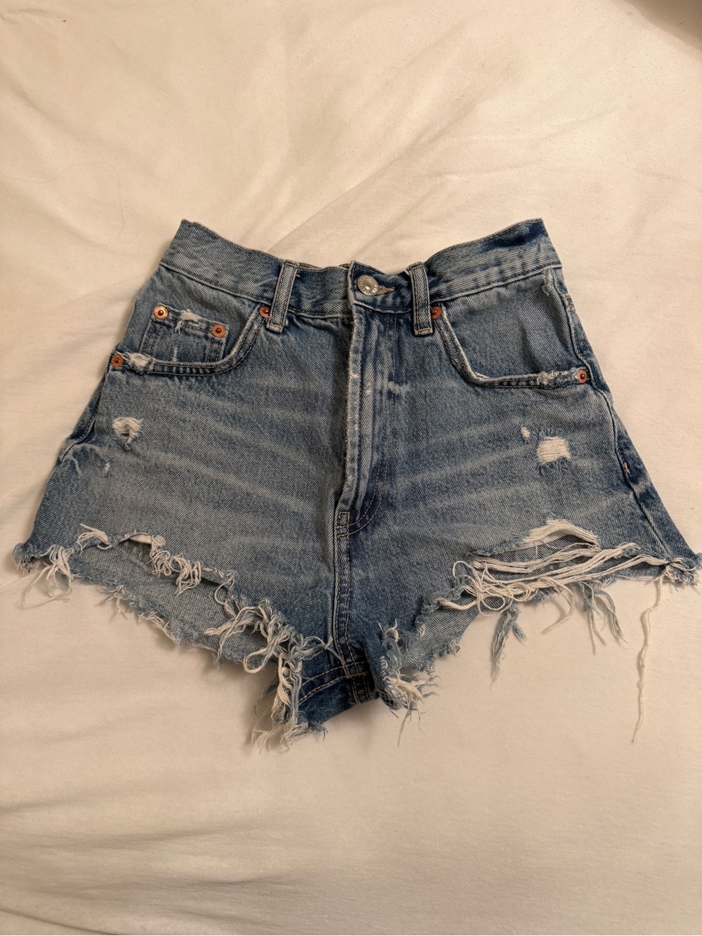 Zara Distressed Light Blue Denim Shorts